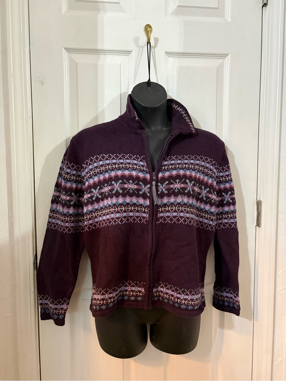 Tiara International Purple Full Zip Fair Isle Collared Sweater